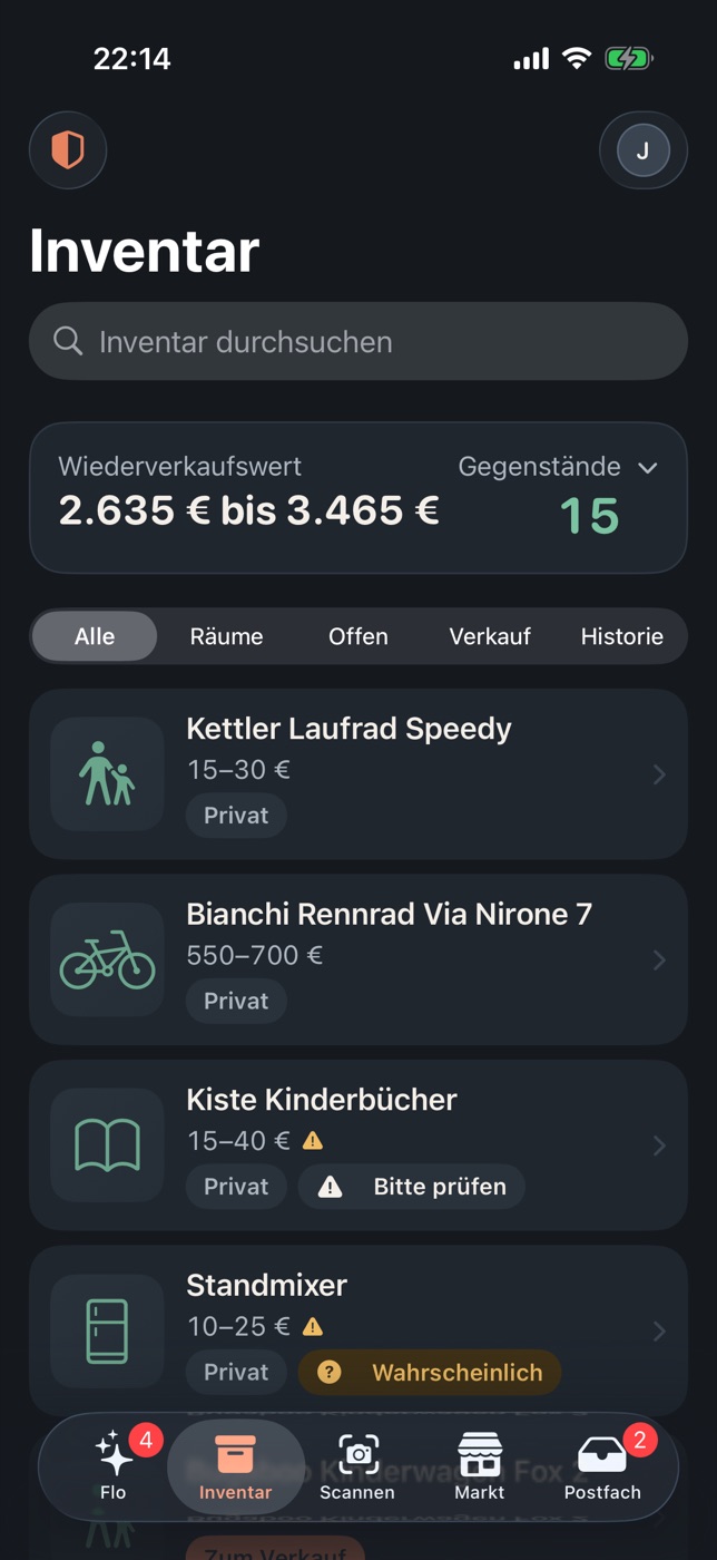 Das Inventar in flipplo: 15 Gegenstände, Wiederverkaufswert 2.635 bis 3.465 Euro