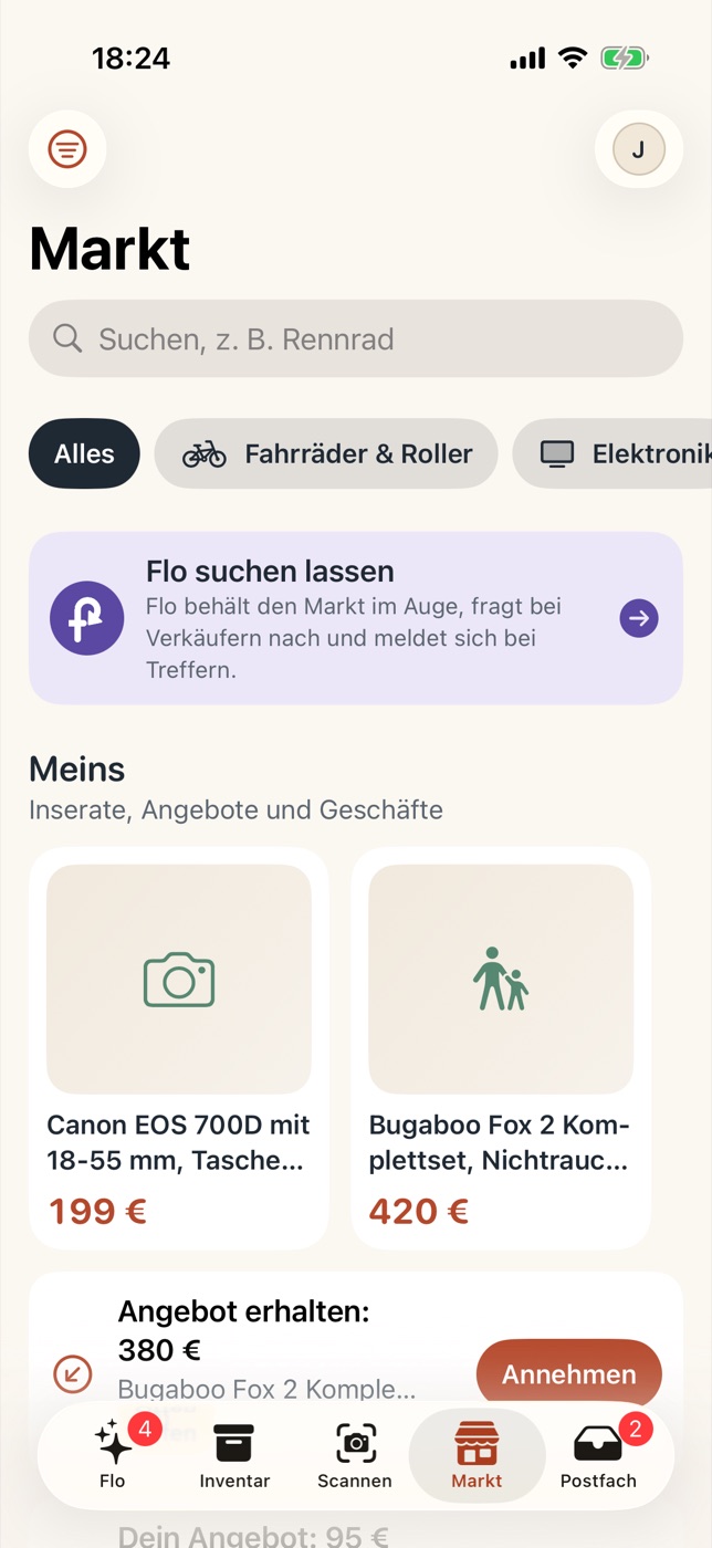 Der flipplo Markt mit Suche, Inseraten und einem erhaltenen Angebot
